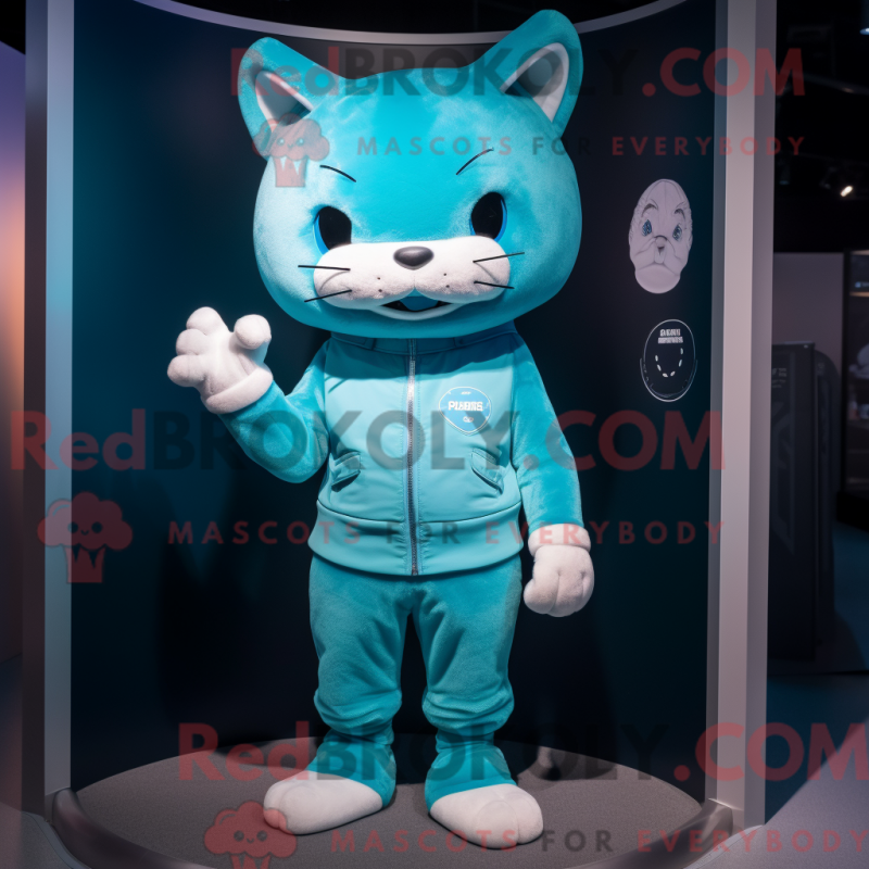Mascot character of a Cyan Cat dressed with a Tank Top and Lapel pins Mascot character of a Cyan Cat dressed with a Tank Top and Lapel pins