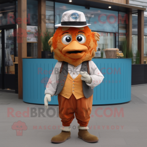 Rust Fish And Chips mascot costume character dressed with a Waistcoat and Hat pins