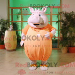 Mascot character of a Peach Rhinoceros dressed with a Maxi Skirt and Foot pads
