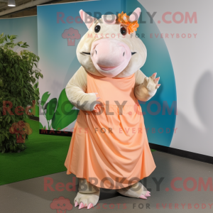 Mascot character of a Peach Rhinoceros dressed with a Maxi Skirt and Foot pads