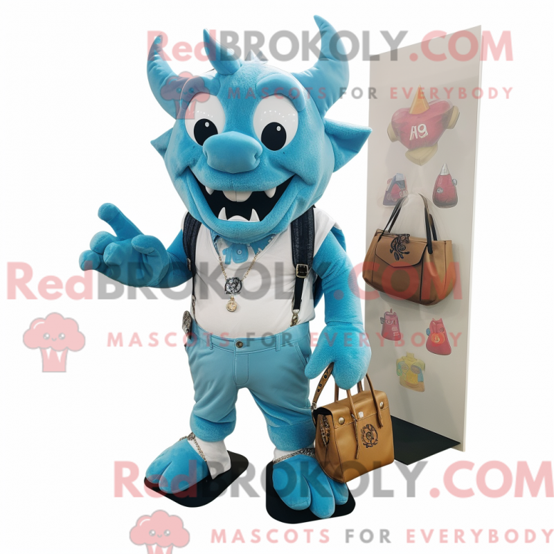 Mascot character of a Cyan Devil dressed with a Cargo Shorts and Coin purses Mascot character of a Cyan Devil dressed with a Cargo Shorts and Coin purses