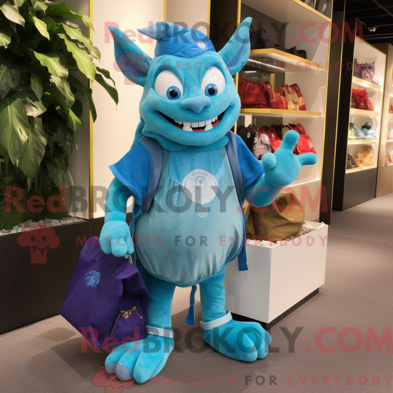 Mascot character of a Cyan Devil dressed with a Cargo Shorts and Coin purses Mascot character of a Cyan Devil dressed with a Cargo Shorts and Coin purses