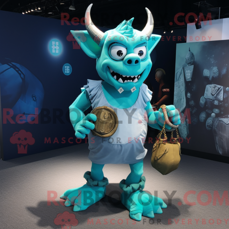 Mascot character of a Cyan Devil dressed with a Cargo Shorts and Coin purses Mascot character of a Cyan Devil dressed with a Cargo Shorts and Coin purses