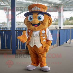 Rust Fish And Chips mascot costume character dressed with a Waistcoat and Hat pins