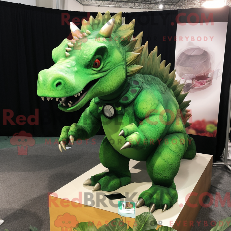 Mascot character of a Green Triceratops dressed with a Poplin Shirt and Rings Mascot character of a Green Triceratops dressed with a Poplin Shirt and Rings