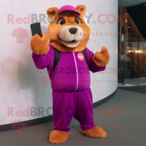 Magenta Capybara mascot costume character dressed with a Jumpsuit and Rings