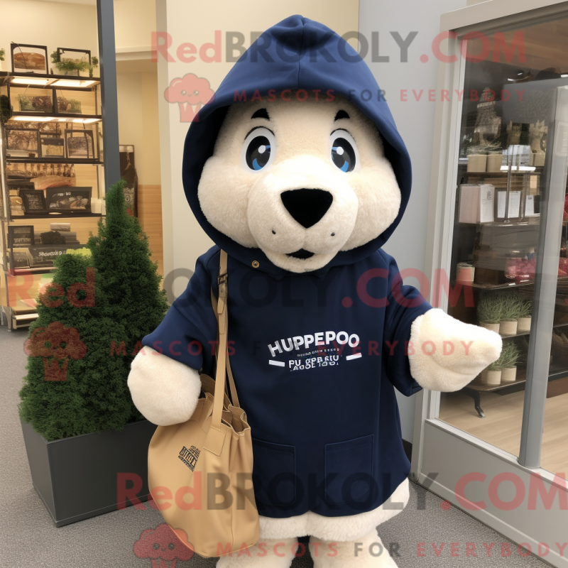 Mascot character of a Navy Shepard'S Pie dressed with a Hoodie and Tote bags Mascot character of a Navy Shepard'S Pie dressed with a Hoodie and Tote bags