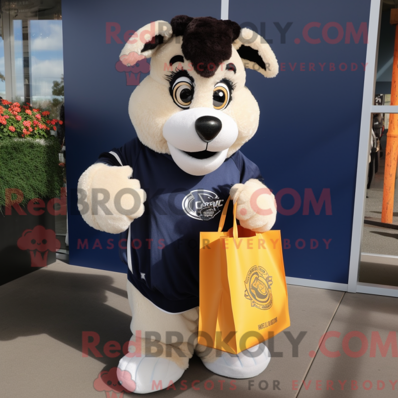 Mascot character of a Navy Shepard'S Pie dressed with a Hoodie and Tote bags Mascot character of a Navy Shepard'S Pie dressed with a Hoodie and Tote bags