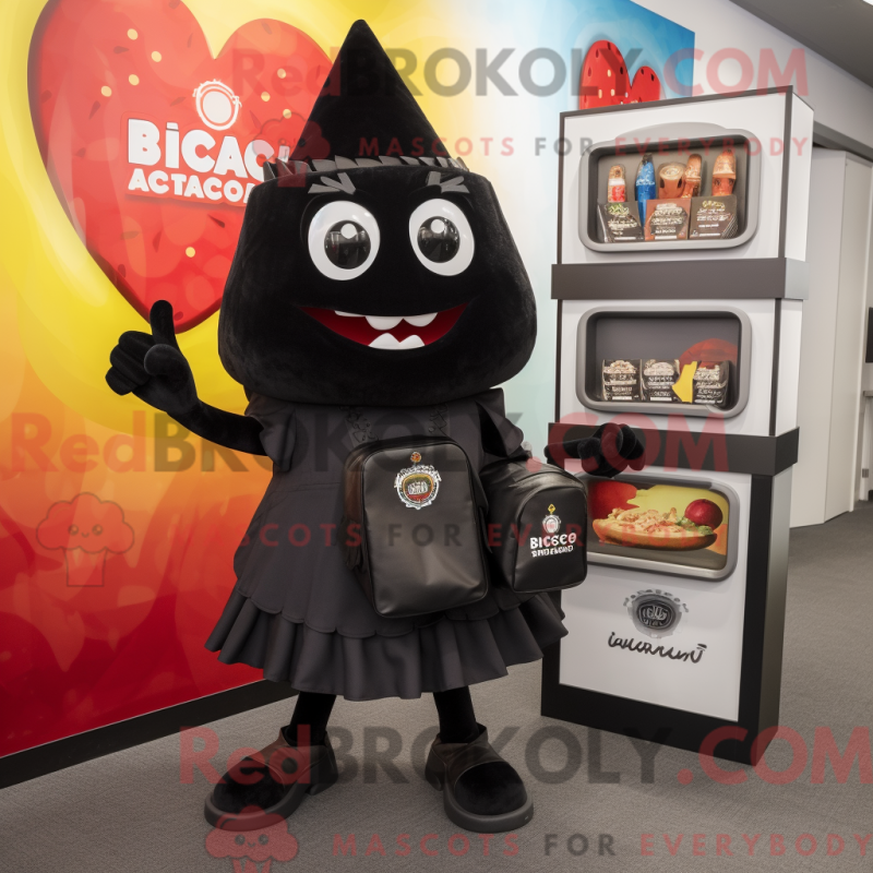 Mascot character of a Black Nachos dressed with a Shift Dress and Briefcases Mascot character of a Black Nachos dressed with a Shift Dress and Briefcases