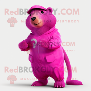 Magenta Capybara mascot costume character dressed with a Jumpsuit and Rings