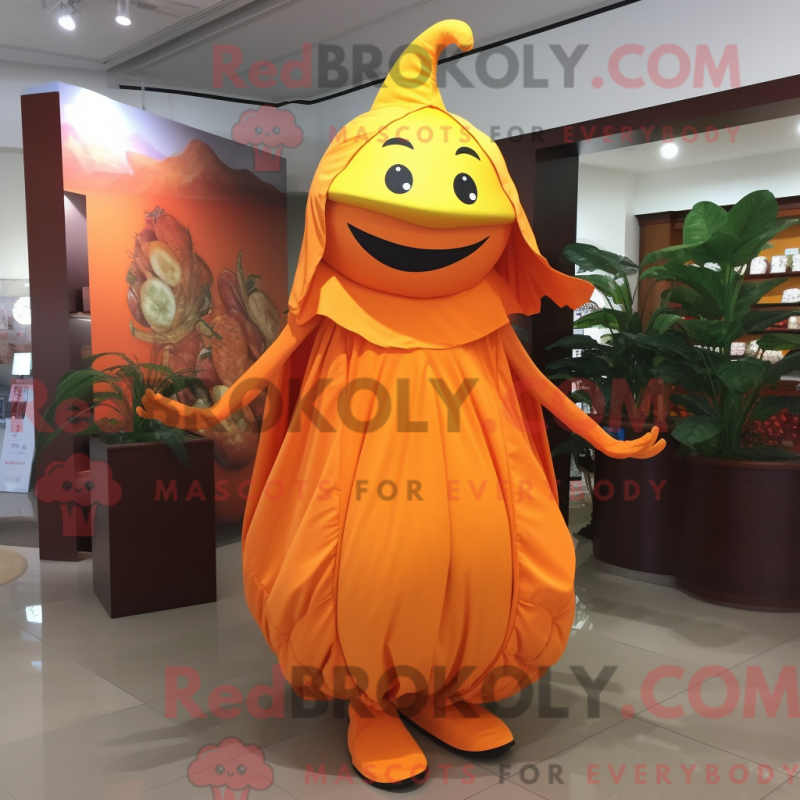 Mascot character of a Orange Orange dressed with a Sheath Dress and Wraps Mascot character of a Orange Orange dressed with a Sheath Dress and Wraps