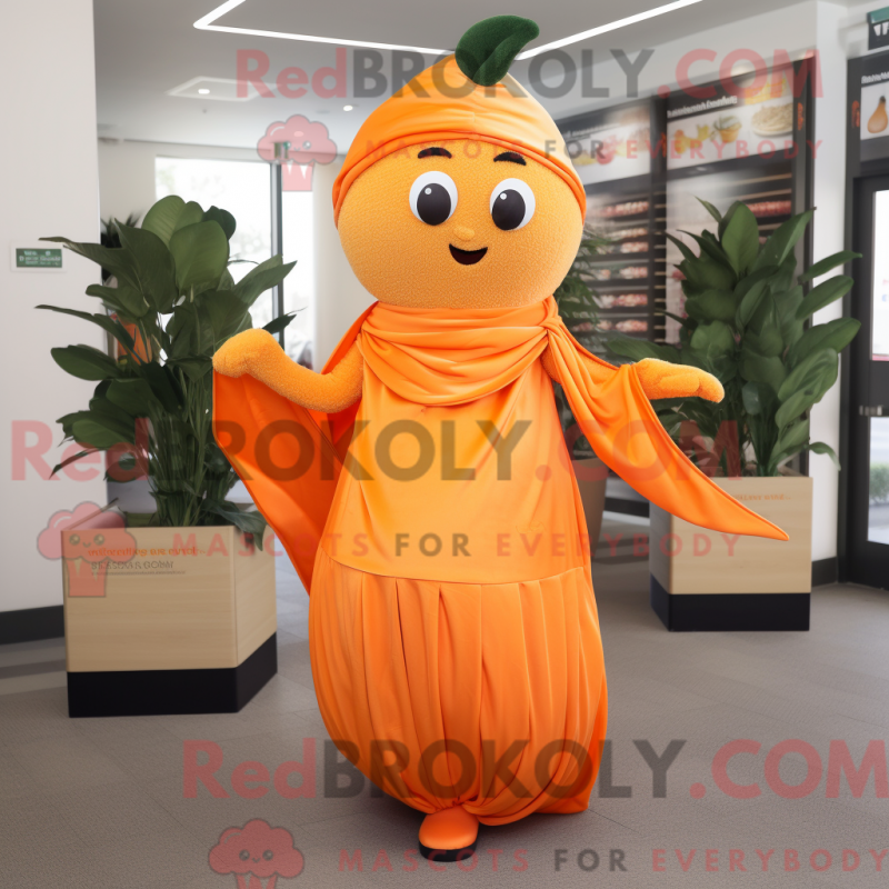 Mascot character of a Orange Orange dressed with a Sheath Dress and Wraps Mascot character of a Orange Orange dressed with a Sheath Dress and Wraps