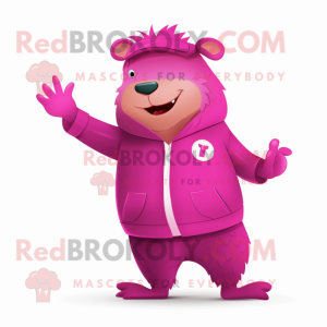 Magenta Capybara mascot costume character dressed with a Jumpsuit and Rings