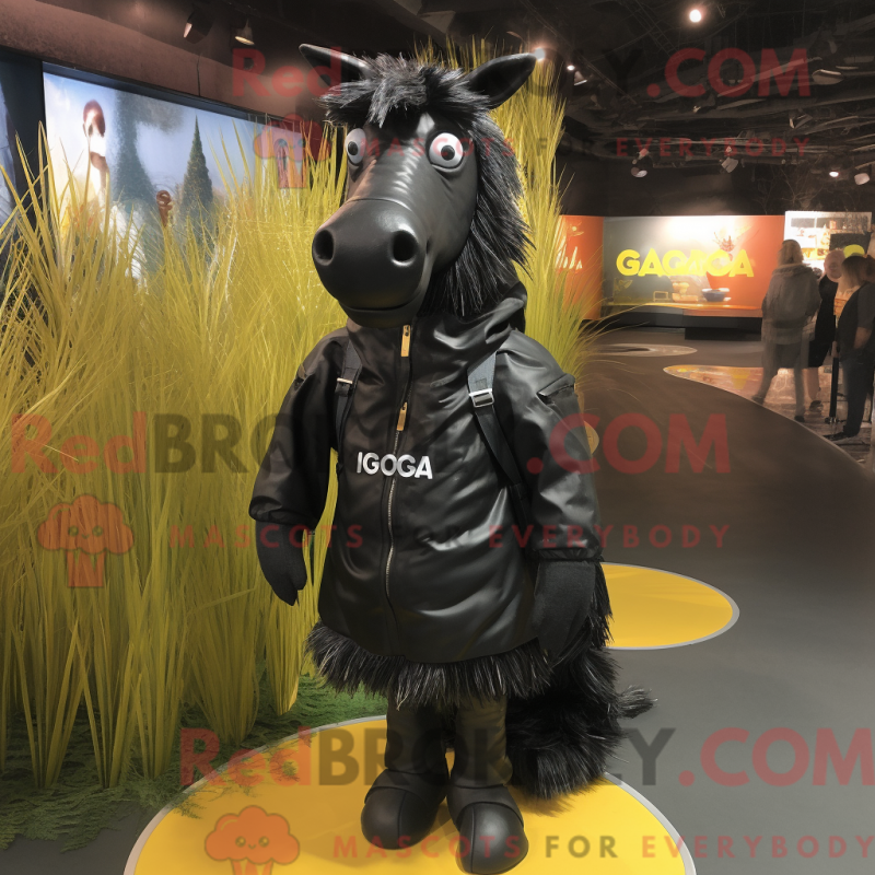 Mascot character of a Black Quagga dressed with a Raincoat and Backpacks Mascot character of a Black Quagga dressed with a Raincoat and Backpacks