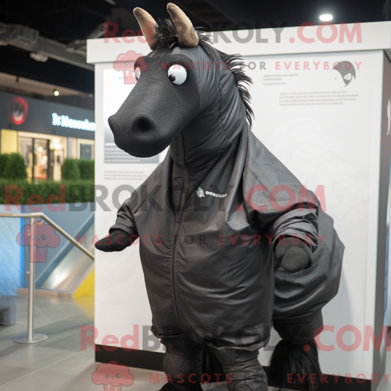 Mascot character of a Black Quagga dressed with a Raincoat and Backpacks Mascot character of a Black Quagga dressed with a Raincoat and Backpacks