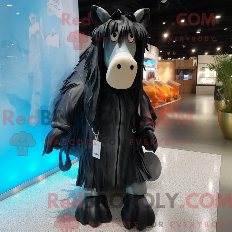 Mascot character of a Black Quagga dressed with a Raincoat and Backpacks Mascot character of a Black Quagga dressed with a Raincoat and Backpacks