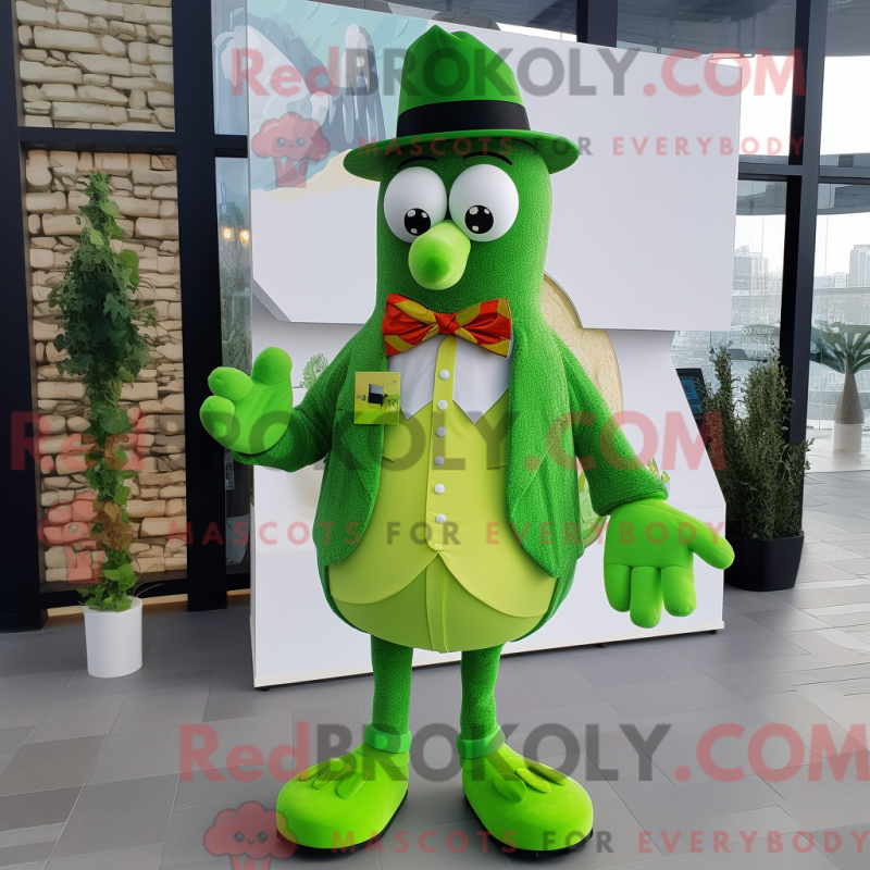 Mascot character of a Lime Green Shakshuka dressed with a Coat and Bow ties Mascot character of a Lime Green Shakshuka dressed with a Coat and Bow ties