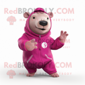 Magenta Capybara mascot costume character dressed with a Jumpsuit and Rings