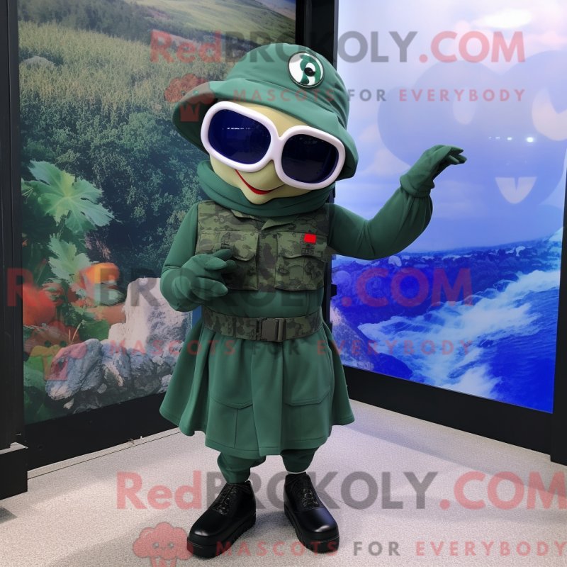 Mascot character of a Blue Green Beret dressed with a Midi Dress and Eyeglasses Mascot character of a Blue Green Beret dressed with a Midi Dress and Eyeglasses