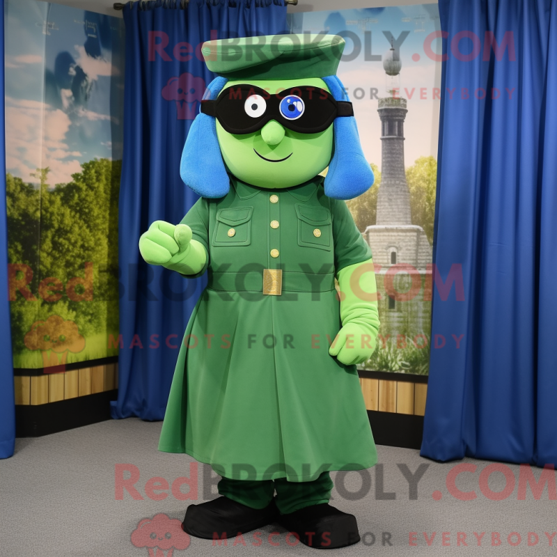 Mascot character of a Blue Green Beret dressed with a Midi Dress and Eyeglasses Mascot character of a Blue Green Beret dressed with a Midi Dress and Eyeglasses