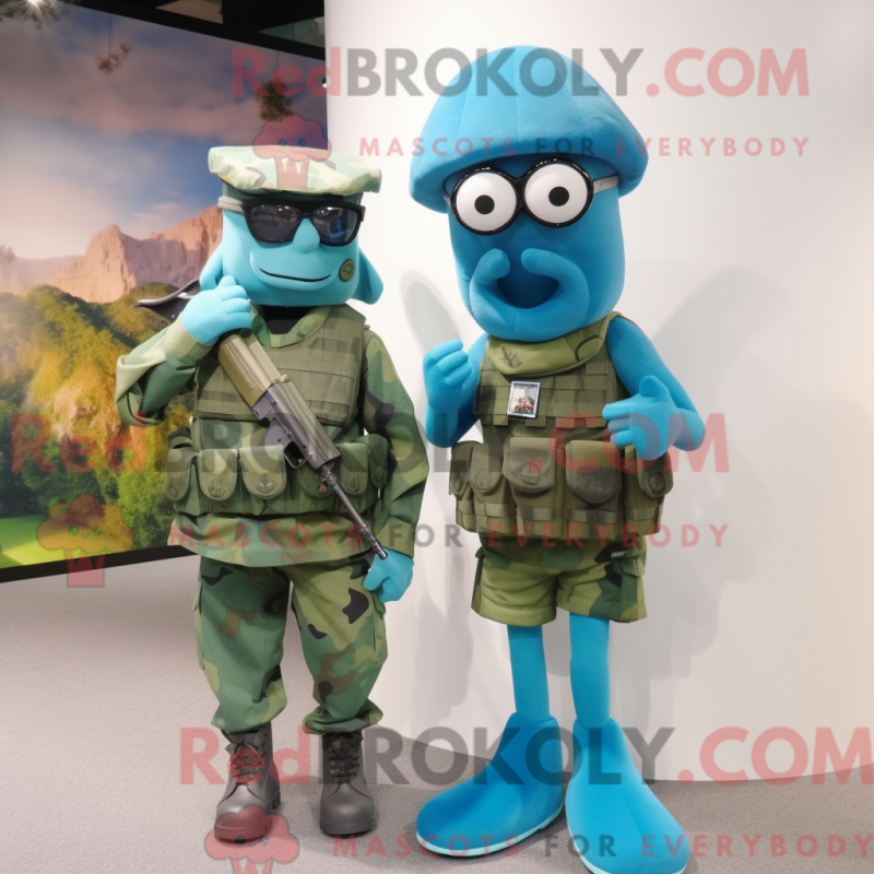 Mascot character of a Blue Green Beret dressed with a Midi Dress and Eyeglasses Mascot character of a Blue Green Beret dressed with a Midi Dress and Eyeglasses