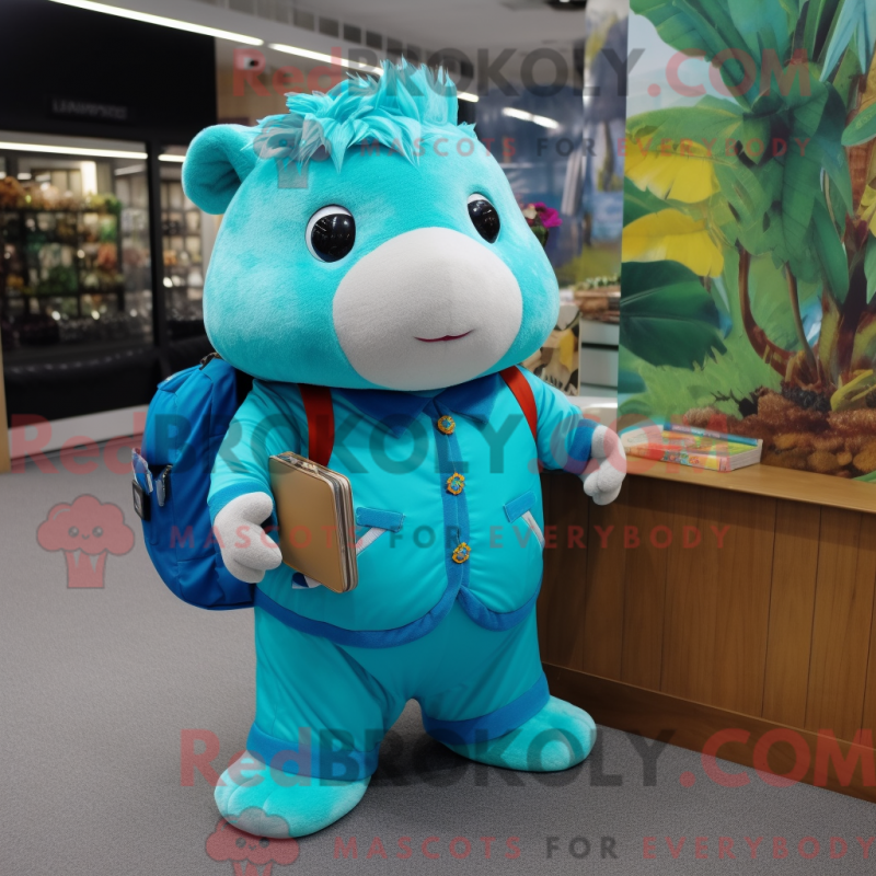 Mascot character of a Turquoise Guinea Pig dressed with a Jumpsuit and Wallets Mascot character of a Turquoise Guinea Pig dressed with a Jumpsuit and Wallets