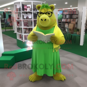 Lime Green Capybara mascot costume character dressed with a Wrap Dress and Reading glasses