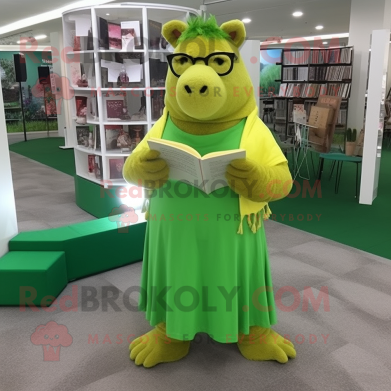 Lime Green Capybara mascot costume character dressed with a Wrap Dress and Reading glasses Lime Green Capybara mascot costume character dressed with a Wrap Dress and Reading glasses