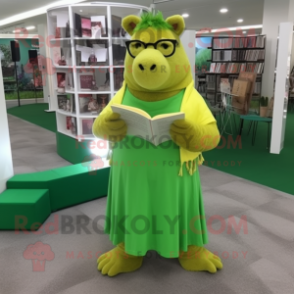 Lime Green Capybara mascot costume character dressed with a Wrap Dress and Reading glasses