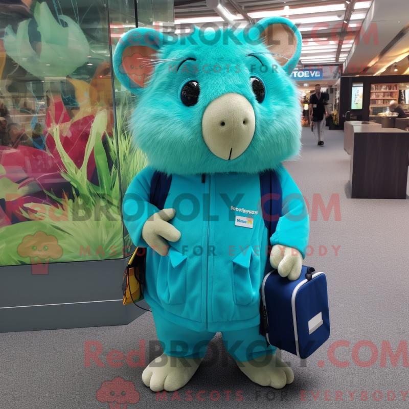 Mascot character of a Turquoise Guinea Pig dressed with a Jumpsuit and Wallets Mascot character of a Turquoise Guinea Pig dressed with a Jumpsuit and Wallets