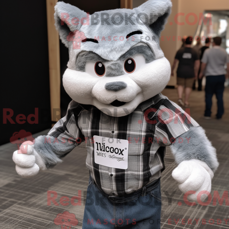Mascot character of a Silver Cat dressed with a Flannel Shirt and Earrings Mascot character of a Silver Cat dressed with a Flannel Shirt and Earrings