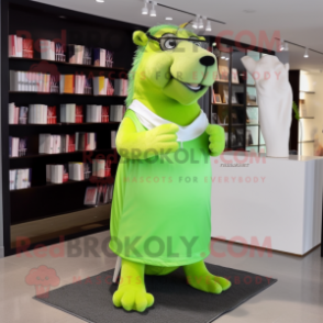 Lime Green Capybara mascot costume character dressed with a Wrap Dress and Reading glasses