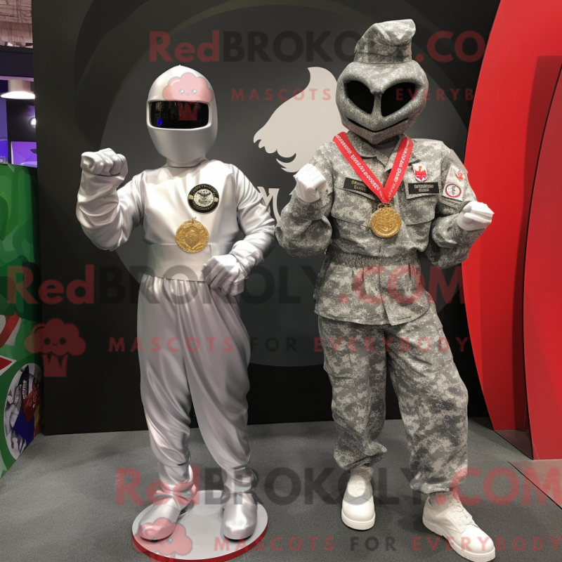 Mascot character of a Silver Para Commando dressed with a Evening Gown and Keychains Mascot character of a Silver Para Commando dressed with a Evening Gown and Keychains