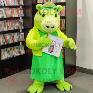 Lime Green Capybara mascot costume character dressed with a Wrap Dress and Reading glasses