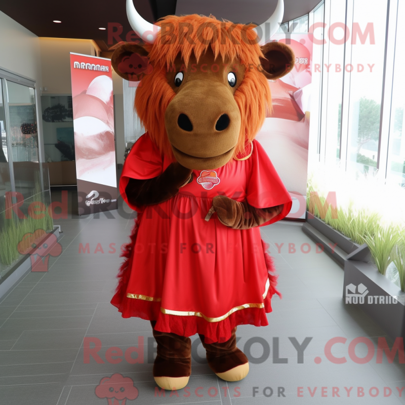Mascot character of a Red Buffalo dressed with a A-Line Dress and Hair clips Mascot character of a Red Buffalo dressed with a A-Line Dress and Hair clips