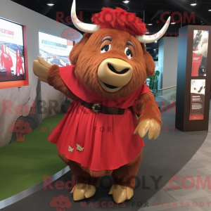 Mascot character of a Red Buffalo dressed with a A-Line Dress and Hair clips