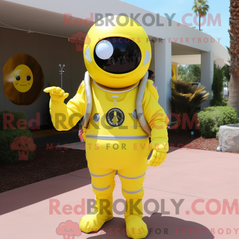 Mascot character of a Lemon Yellow Astronaut dressed with a Suit Jacket and Tie pins Mascot character of a Lemon Yellow Astronaut dressed with a Suit Jacket and Tie pins