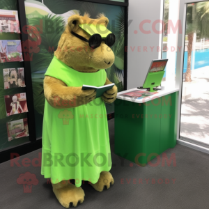 Lime Green Capybara mascot costume character dressed with a Wrap Dress and Reading glasses