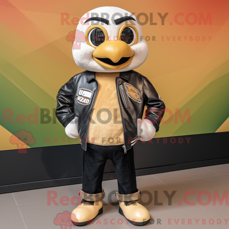 Mascot character of a Cream Mango dressed with a Leather Jacket and Lapel pins Mascot character of a Cream Mango dressed with a Leather Jacket and Lapel pins