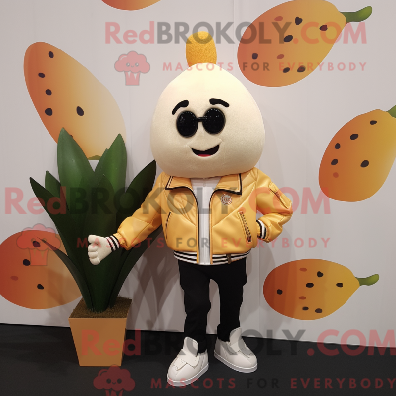 Mascot character of a Cream Mango dressed with a Leather Jacket and Lapel pins Mascot character of a Cream Mango dressed with a Leather Jacket and Lapel pins