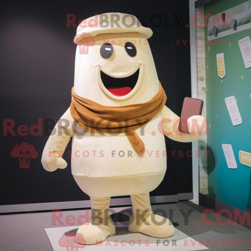 Mascot character of a Cream Moussaka dressed with a Corduroy Pants and Wallets Mascot character of a Cream Moussaka dressed with a Corduroy Pants and Wallets