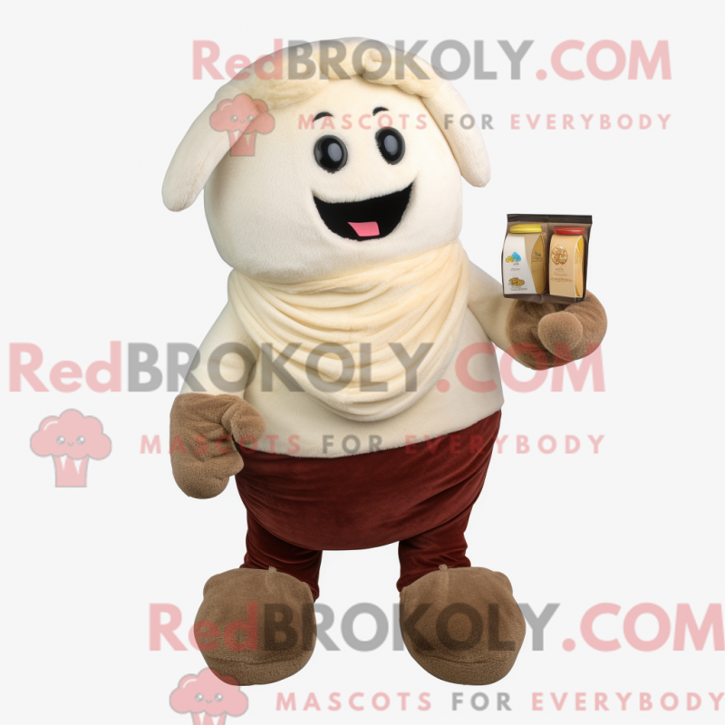 Mascot character of a Cream Moussaka dressed with a Corduroy Pants and Wallets Mascot character of a Cream Moussaka dressed with a Corduroy Pants and Wallets