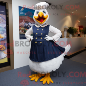 Mascot character of a Navy Butter Chicken dressed with a A-Line Skirt and Shoe clips