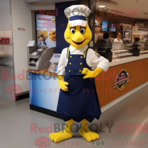 Mascot character of a Navy Butter Chicken dressed with a A-Line Skirt and Shoe clips