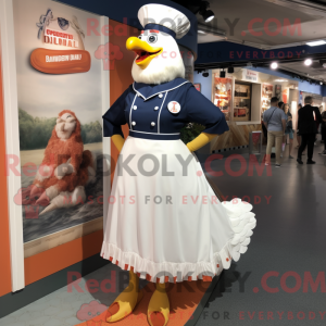 Mascot character of a Navy Butter Chicken dressed with a A-Line Skirt and Shoe clips