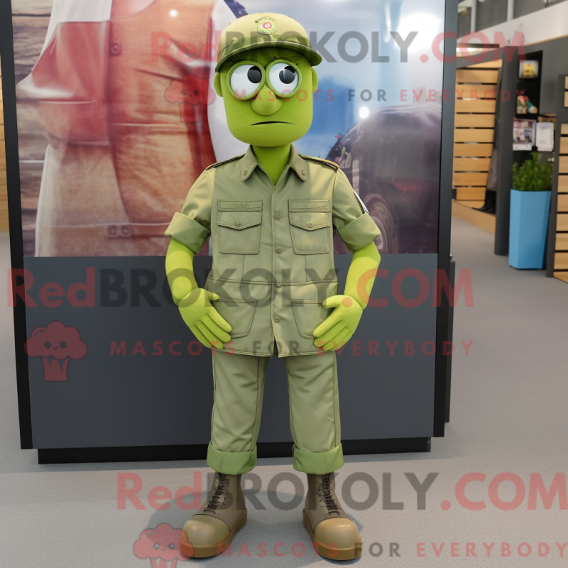 Mascot character of a Lime Green Army Soldier dressed with a Denim Shorts and Caps Mascot character of a Lime Green Army Soldier dressed with a Denim Shorts and Caps