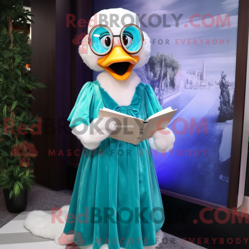 Mascot character of a Cyan Goose dressed with a Dress and Reading glasses Mascot character of a Cyan Goose dressed with a Dress and Reading glasses