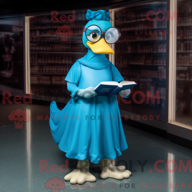 Mascot character of a Cyan Goose dressed with a Dress and Reading glasses Mascot character of a Cyan Goose dressed with a Dress and Reading glasses