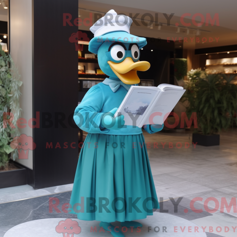 Mascot character of a Cyan Goose dressed with a Dress and Reading glasses Mascot character of a Cyan Goose dressed with a Dress and Reading glasses
