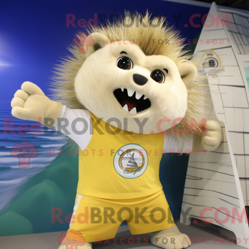 Mascot character of a Cream Porcupine dressed with a Board Shorts and Gloves Mascot character of a Cream Porcupine dressed with a Board Shorts and Gloves